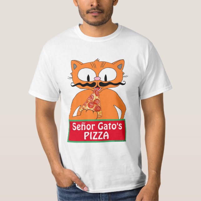 Señor Gatos Pizza-Tecknad Mustache Cat Funny T Shirt (Framsida)