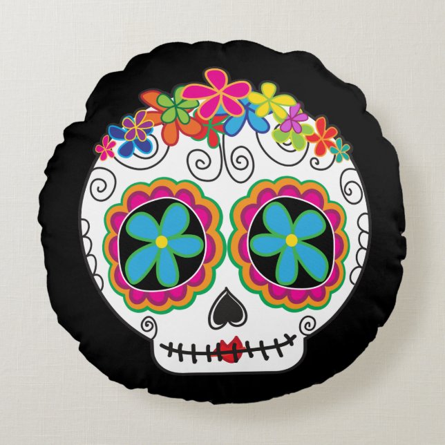 Señorita Calavera Day of the dead Sugar Skull Rund Kudde (Framsidan)