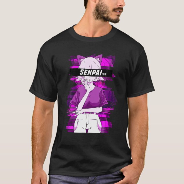 Senpai Anime Girl Vaporwave Manga Waifu meddelar m T Shirt (Framsida)