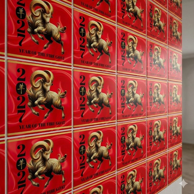 Sensationellt Rött Guld 2027 Året för den Eldiga G Kakelplatta (Stunning Red & Gold Chinese Year of the Fire Goat 2027 6"x6" Tiles Cover Photo)
