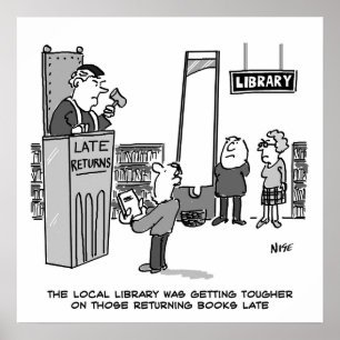 Sent Bibliotek Bok. Svår straffavgift för sena åte Poster