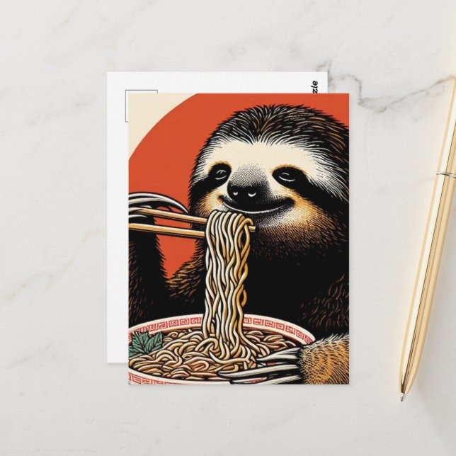 Sent Eating Ramen Woodblock Skriv ut Vykort (Fram/Back In Situ)