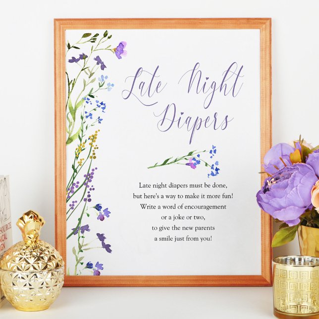 Sent nattdaggdagstidningar Lila Wildblomme Baby Sh Poster (Baby Shower activity sign from my Purple Wildflower Collection. Order printed or as a printable)