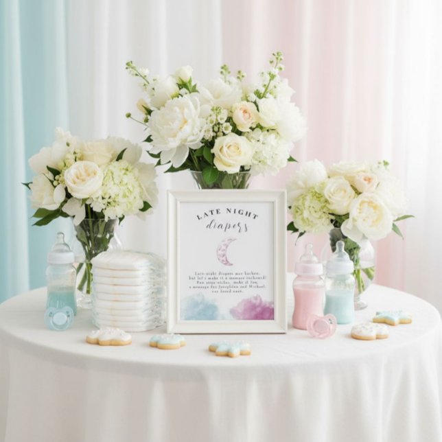 Sent nattdagstidningar Babykläder Rosa Måne-tecken Poster (A sweet and simple diaper note station that works beautifully with any shower theme.)