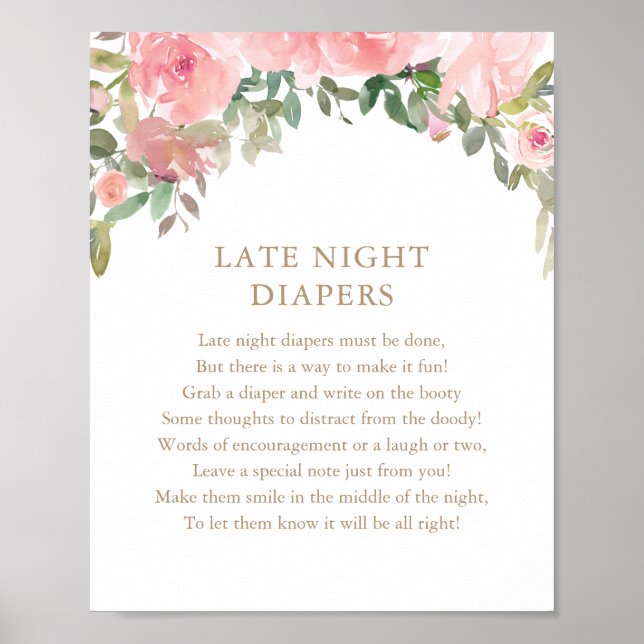 Sent nattdagstidningar Rosa Blommigt Baby Shower Poster (Framsidan)