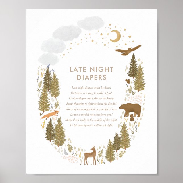 Sent nattdagstidningar Woodland Baby Shower-skylt Poster (Framsidan)