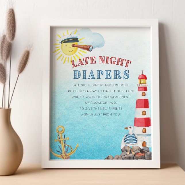 Sent nattliga dagstidningar Cute Nautical Baby Sho Poster (Late Night Diaper Game Sign from my Ahoy it's a boy Nautical Baby Shower collection)