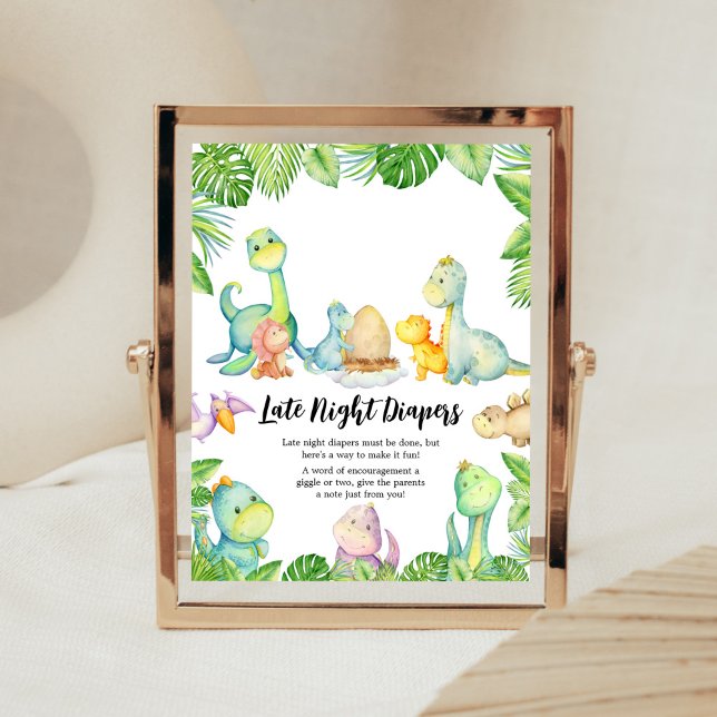 Sent nattliga dagstidningar för spädbarn poster (Greenery Dinosaur Baby Shower Late Night Diapers Sign)