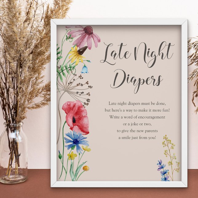 Sent på kvällen dagstidningar Wildblomme Baby Show Poster (Late Night Diapers baby shower game sign from my Wildflower Charm collection)