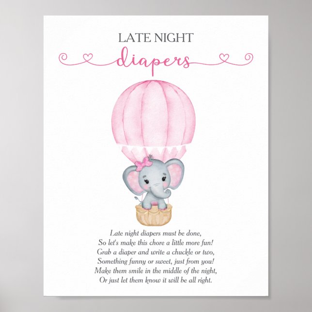 Sent på natten blir Rosa Elephant Baby Shower-spel Poster (Framsidan)