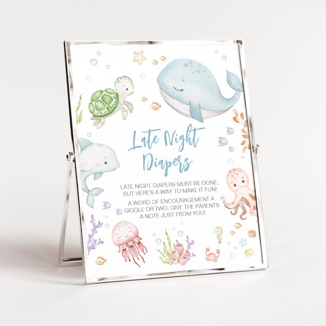 Sent på natten under Sea Baby Shower Poster (Sea Creatures Ocean Baby Shower Late Night Diapers Sign)