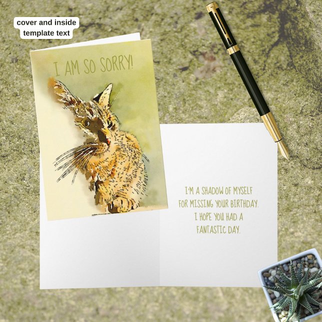 Sent Tabby Katt Vattenfärg Ersättbar Foto Kort (Watercolor tabby cat greeting card cover. Template text on cover and inside greeting.)