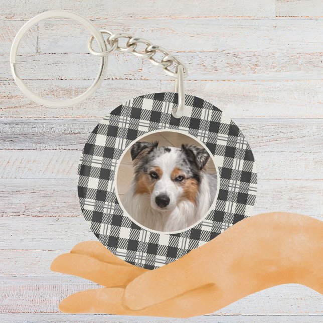 Sentimental Pet Photo Mörk Grått Play Art (Buffalo Plaid Dark Gray and Buttercream Photo Keychain)
