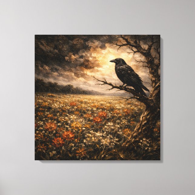 Sentinel of the Meadow: Stormy Raven & Wildflowers Canvastryck (Framsida)