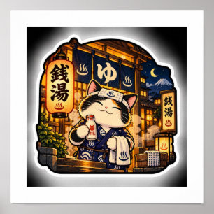 Sento Night Cat Affisch Japansk Badrum Retro