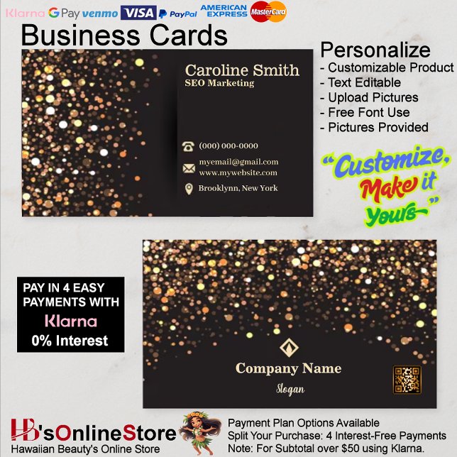 SEO Marknadsföring Elegant Guld & Svart Glitter QR Visitkort (SEO Marketing Elegant Gold & Black Glitter QR Code Business Card 34.)