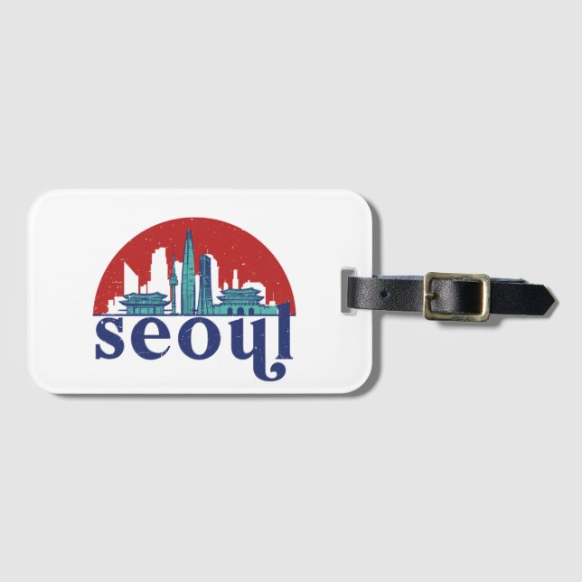 Seoul Korea Retro Sol City Skyline Cityscape Art Bagagebricka (Framsida horisontal)