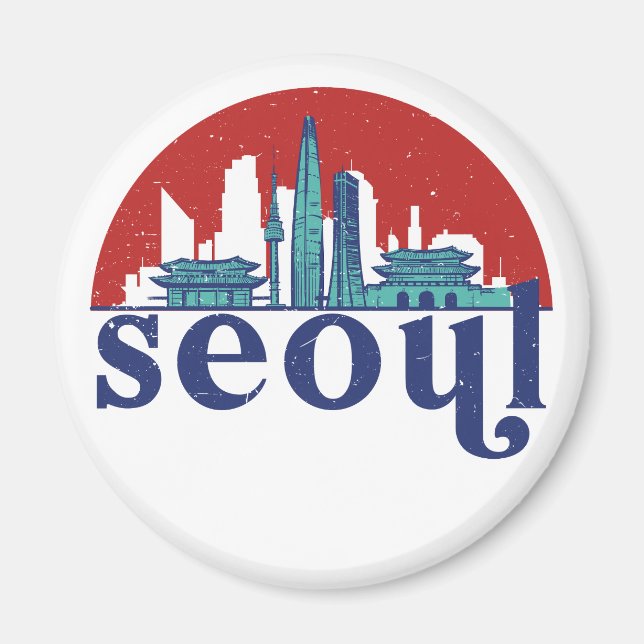 Seoul Korea Retro Sol City Skyline Cityscape Art Magnet (Framsidan)
