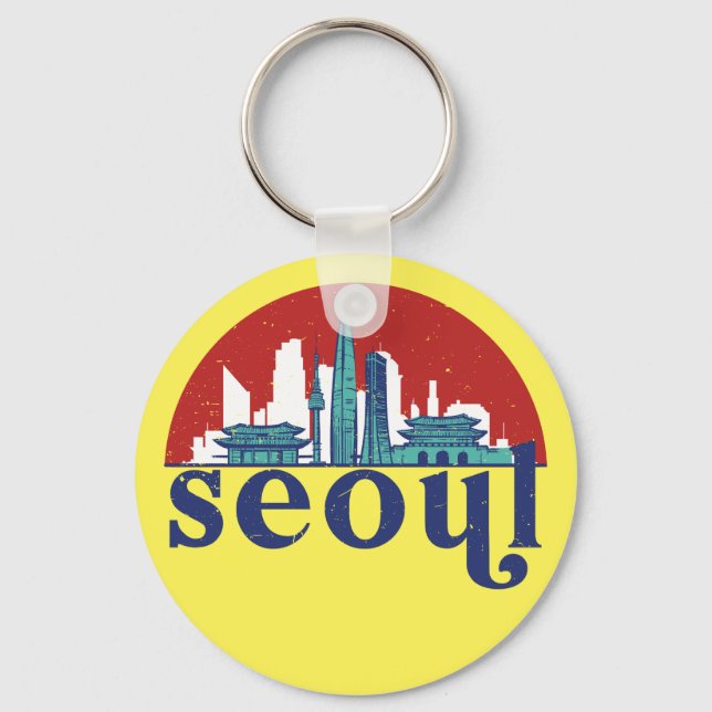 Seoul Korea Retro Sol City Skyline Cityscape Art Nyckelring (Framsida)
