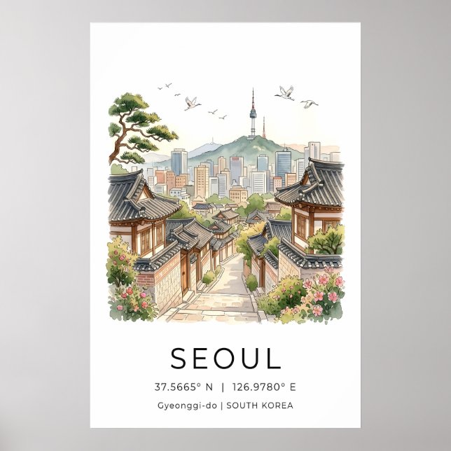 Seoul Landskapsutskrift Akvarell Stadsvy med Poster (Framsidan)