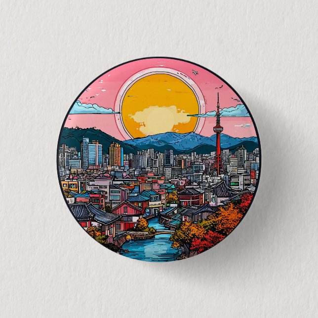 Seoul livlig urban siluett knapp (Framsida)