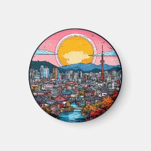 Seoul livlig urban siluett magnet