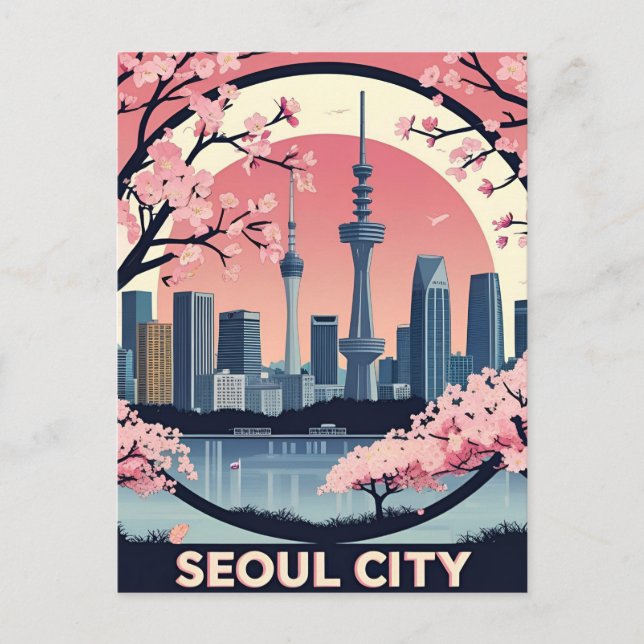 Seoul Stad  Modern Siluett Retro Konst Sydkorea Vykort (Framsida)