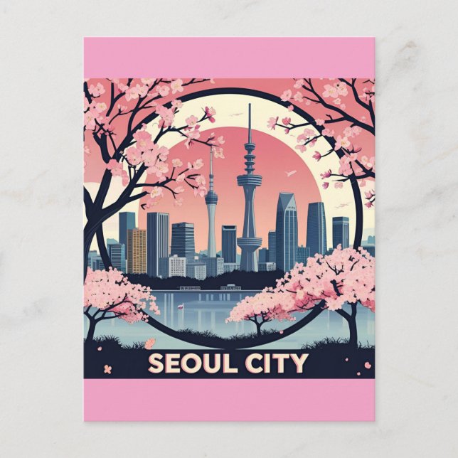 Seoul Stad  Modern Siluett Retro Konst Sydkorea Vykort (Framsida)