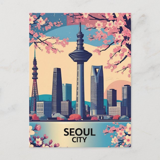 Seoul Stad  Modern Siluett Retro Konst Sydkorea Vykort (Framsida)