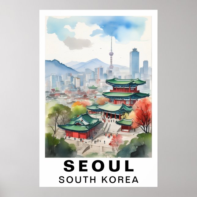 Seoul Sydkorea Akvarell Resa Konsttryck Poster (Framsidan)