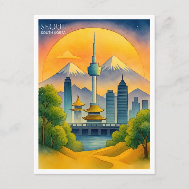 Seoul Sydkorea Akvarell Siluett Helg Vykort (Framsida)