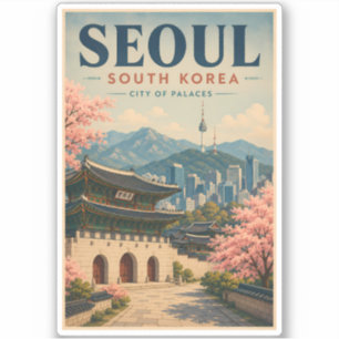 Seoul Sydkorea Illustration Resa Konst Vintage Klistermärken