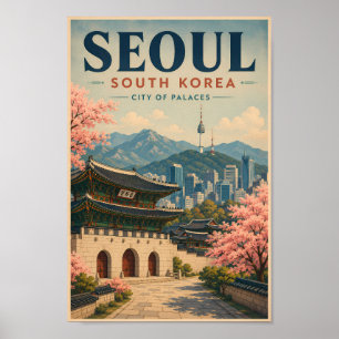 Seoul Sydkorea Illustration Resa Konst Vintage Poster