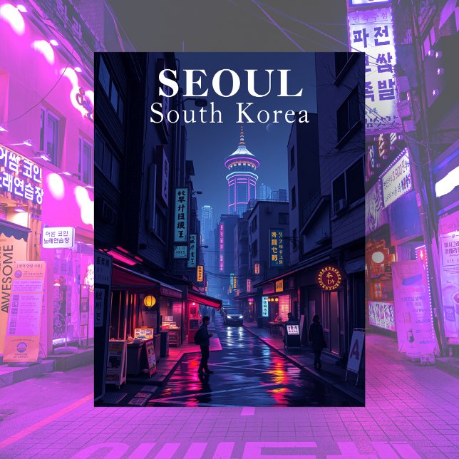 Seoul Sydkorea Noir Natt Stad Vykort (Seoul South Korea Noir Night City Postcard)