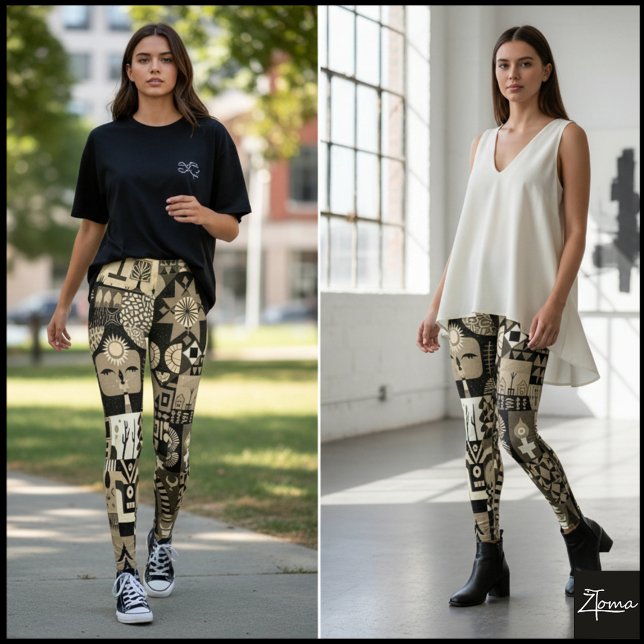 Sepia Abstrakt Geometrisk Folkkonst Quilt Leggings (Skapare uppladdad)