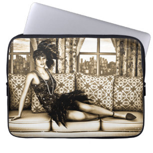 Sepia Art Deco Flapper Kvinna Illustration Laptop Sleeve