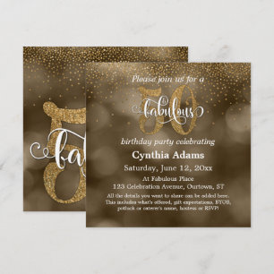 Sepia Bokeh, Guld Glitter & Script 50 & Fabulous Inbjudningar