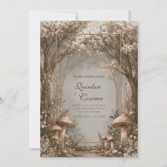 Sepia Bronze Mushroom Enchanted Forest Wedding Inbjudningar (Framsida)