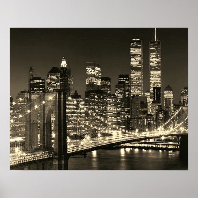 Sepia Brooklyn Bridge New York Natt Poster (Framsidan)