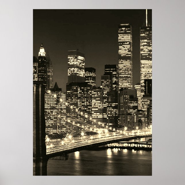 Sepia Brooklyn Bridge New York Natt Poster (Framsidan)