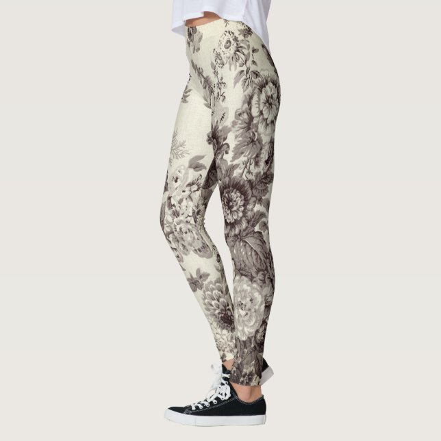 Sepia Brown Cream Botanical Blommigt Toile No.2 Leggings (Vänster)
