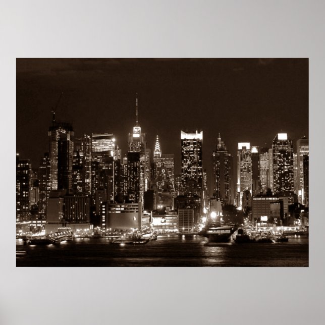 Sepia Brown New York City Night Artwork Poster (Framsidan)