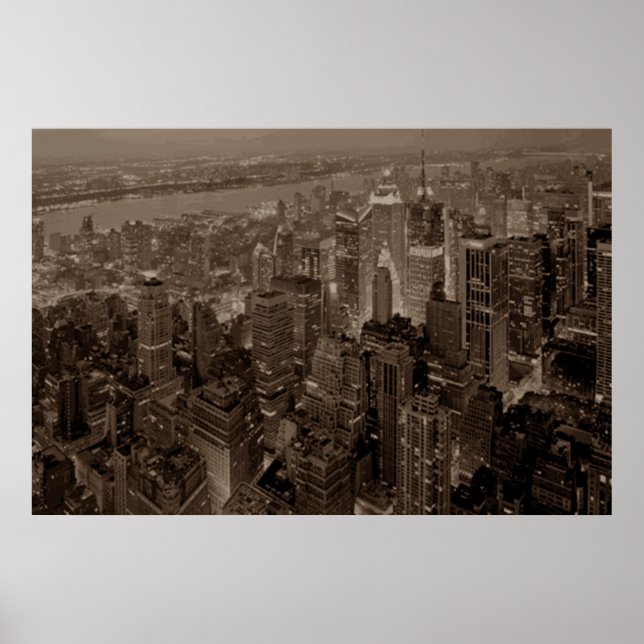 Sepia Brown New York City Night Artwork Poster (Framsidan)