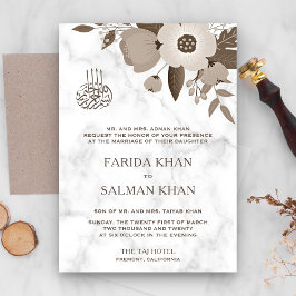 Sepia Brun Blommig Vit Marmor Islamisk Bröllopsinb Inbjudningar