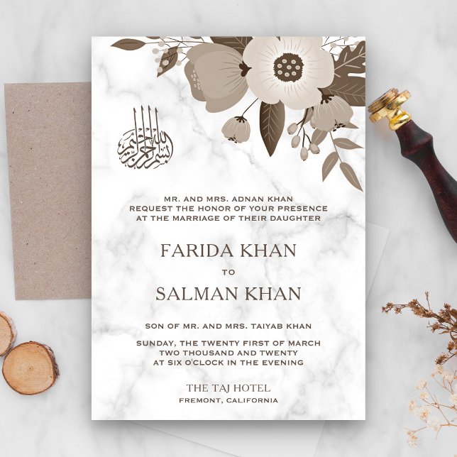 Sepia Brun Blommig Vit Marmor Islamisk Bröllopsinb Inbjudningar (Skapare uppladdad)
