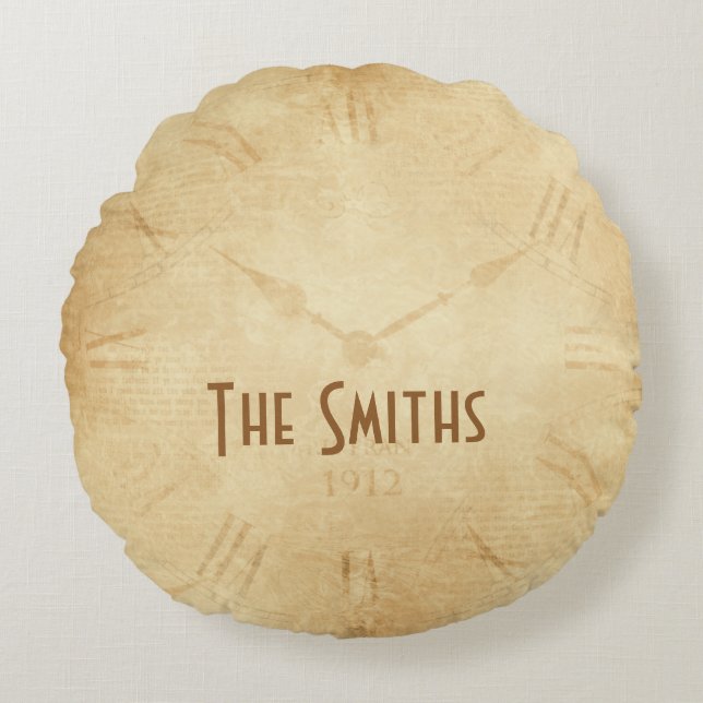 Sepia Clock Ansikte Steampunk Rund Kudde (Framsidan)