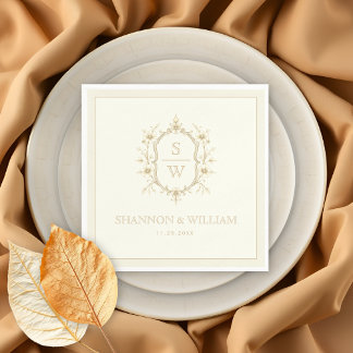 Sepia floral crest monogram vintage ivory wedding pappersservett
