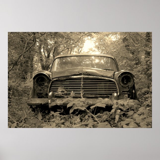 Sepia Fotografi av gammal rostig klassisk bil Poster (Framsidan)