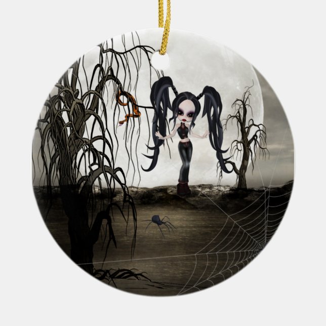 Sepia Goth Girl Julgransprydnad Keramik (Framsidan)