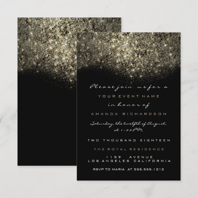 Sepia Guld Glittrande Glitter Svart Inbjudan (Fram/baksida)